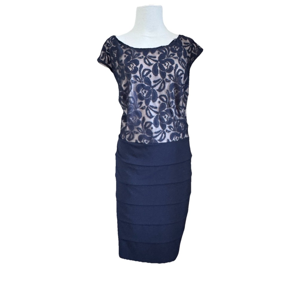 Women Lace Dress Navy Blue 16W Pleated Front Sleeveless Stretch Wedding Cocktail
